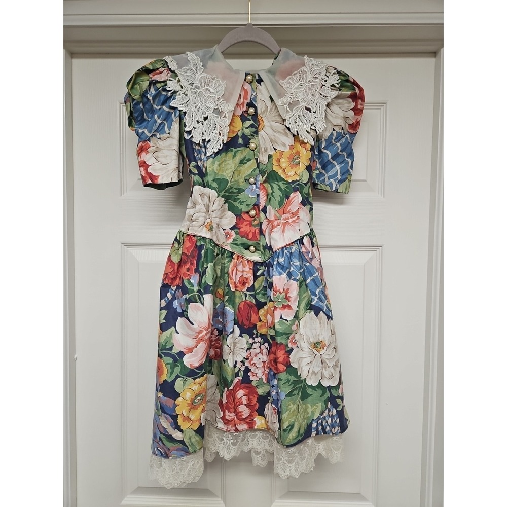 Vintage 80s Cottagecore Little Girls Cabbage Rose Floral Dress W/Lace Trim Size7